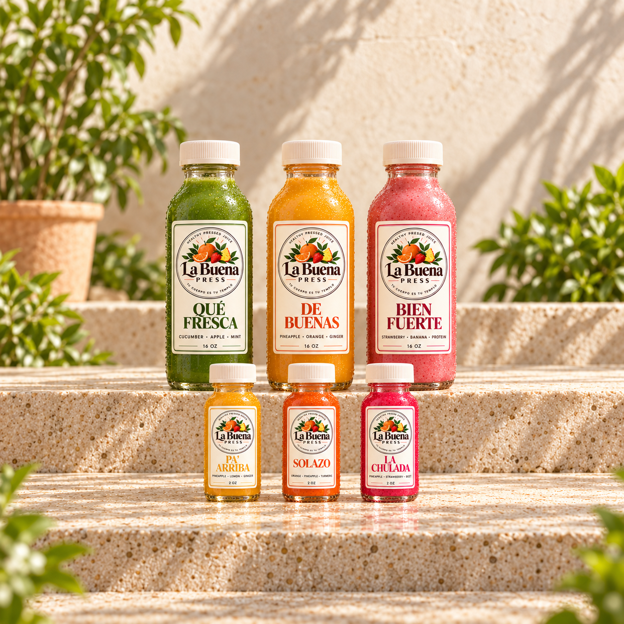 All six La Buena Press products: Qué Fresca, De Buenas, Bien Fuerte, Pa’ Arriba, Solazo, and La Chulada